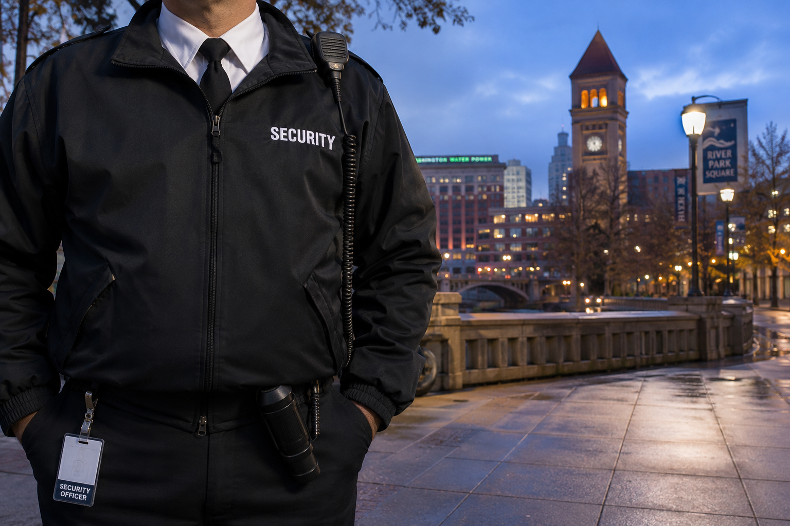 A security officer on a sidewalk in downtown Spokane