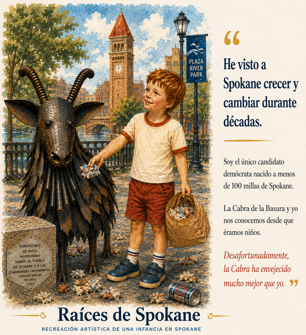 Raíces en Spokane — Donovan de niño alimentando a la Garbage Goat (cabra de basura) en Riverfront Park: «He visto a Spokane crecer y cambiar a lo largo de las décadas».